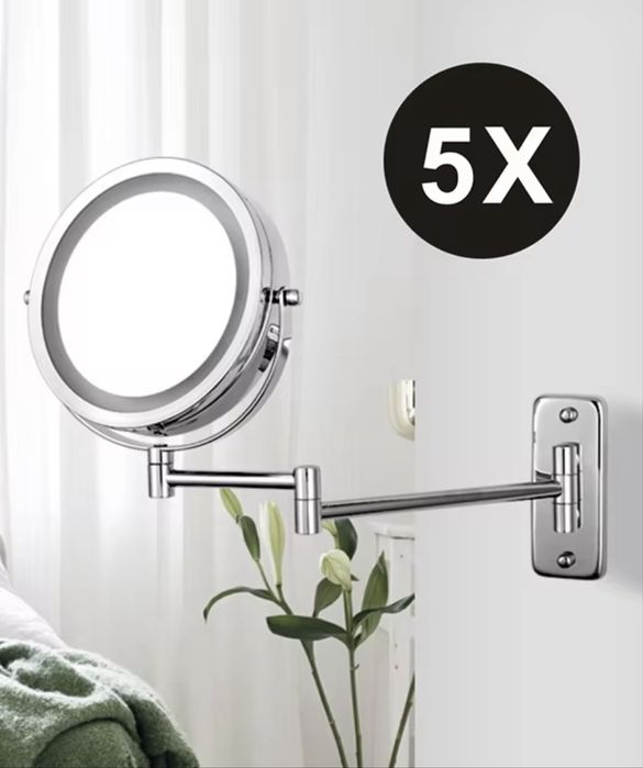 Настінне поворотне косметичне дзеркало з 5х збільшенням та підсвіткою
