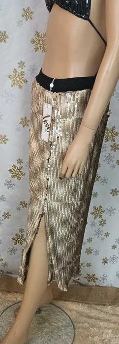 Nowa z metką Spódnica cekinowa Love Copenhagen SallyLC złota beżowa midi glamour party sylwester wesele sequin skirt old money festive nowa z metką