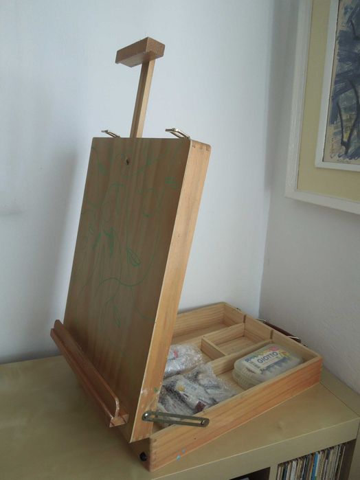 Cavalete de mesa com mala - incluí paleta de pintura em madeira e várias tintas Van Gogh, Rembrant, Crelando e gouaches Giotto