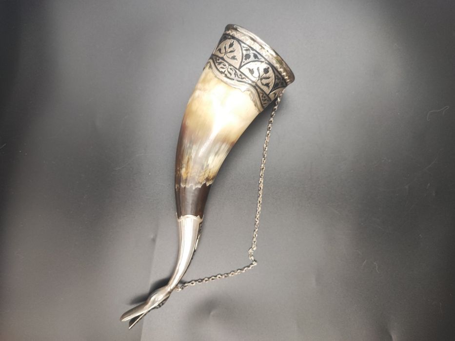 Сучасний ріг Кубачі інкрустований сріблом 875 проби