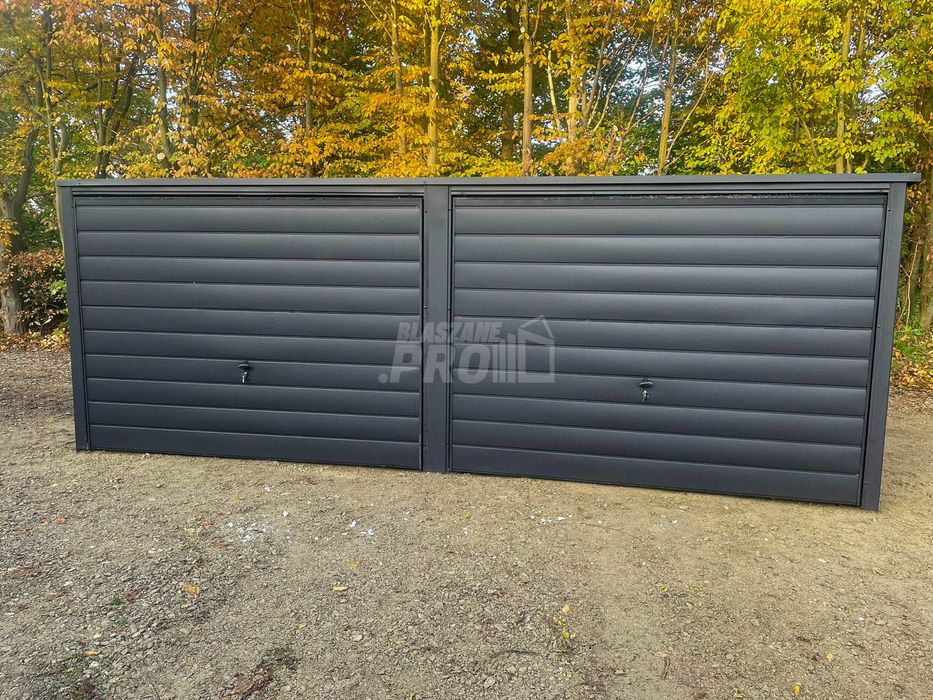 Garaż Blaszany 6x5m - 2x brama uchylna - antracyt  spad w tył GP523