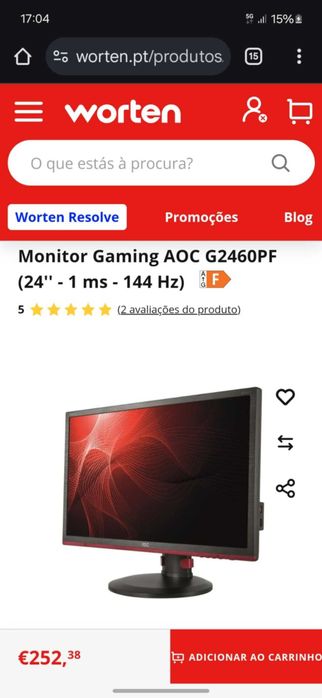 Ecrã monitor Gaming AOC G2460PF (24'' - 1 ms - 144 Hz)
