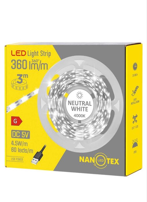 Стрічка LED USB NANOTEX біле світло IP20 4,5 Вт/м 4000 К 3 м