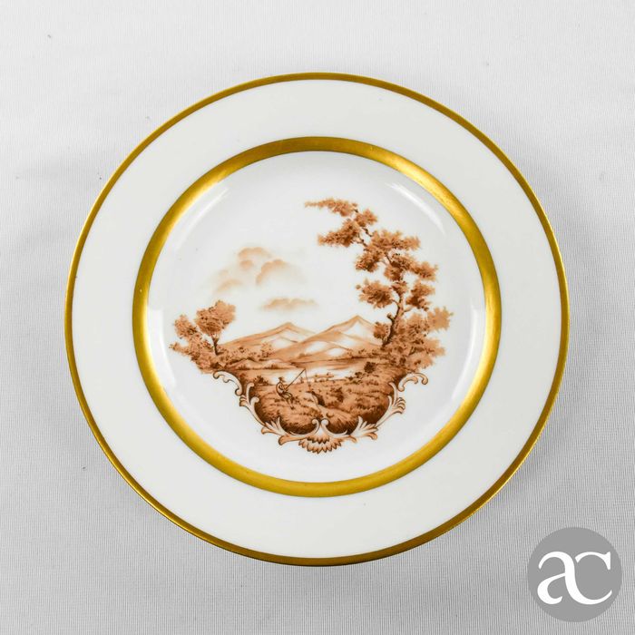 Conjunto de 2 pratos paisagem e frisos em ouro porcelana Artibus