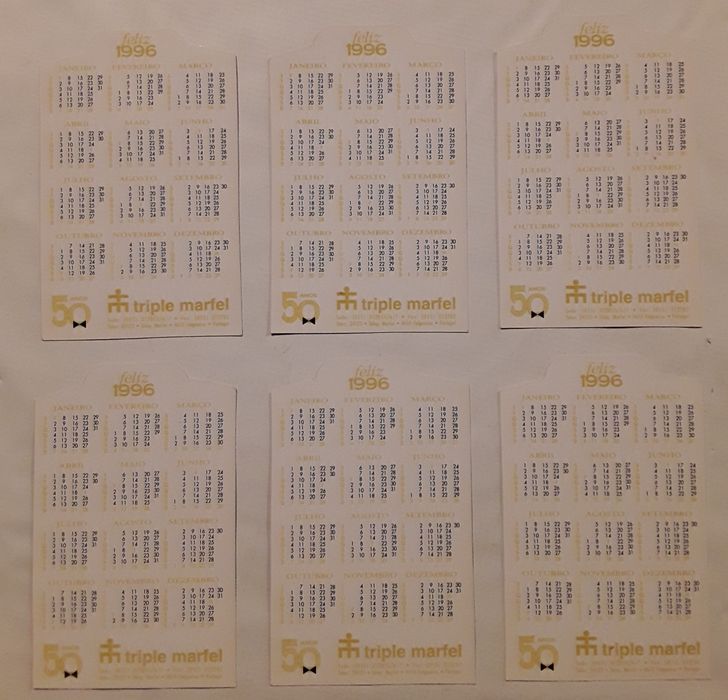 Calendários de bolso Triple Marfel (anos 1978, 1982, 1986, 1988 e 1996