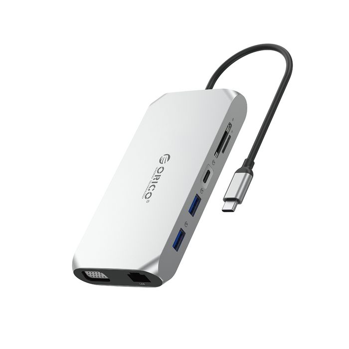 Stacja dokująca USB-C Orico XCR 12w1 2x USB-A 3.1 1x USB-A 2.0 1x USB-C PD 100 W 1x USB-C 3.1 2x HDMI 2.0 4K 60 Hz 1x VGA 1080p 1x SD 3.0 1x microSD 3.0 1x RJ45 Gigabit Ethernet 1x audio CTIA 3,5 mm - szara