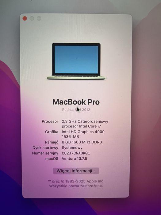 Macbook pro mid 2021 15,4 cali A1398