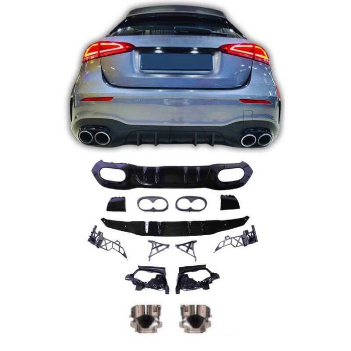 Spoiler / difusor traseiro em plástico ABS + ponteiras, para Mercedes Classe A hatchback de 2018-2023 Look A45 em preto piano brilhante