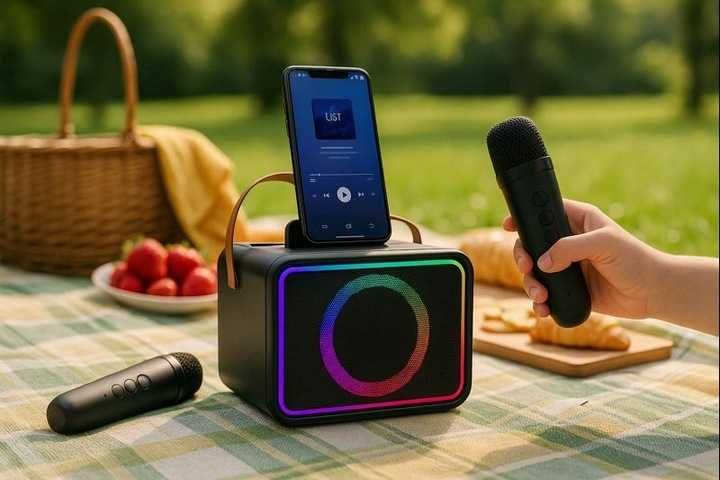 Głośnik Bluetooth Karaoke K26 LED + 2 Mikrofony Bezprzewodowe USB/AUX