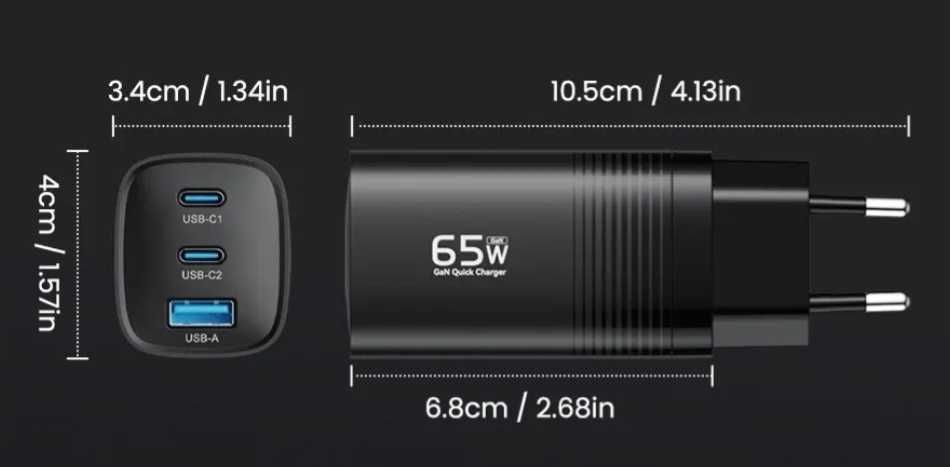Szybka ładowarka sieciowa usb-c /usb o  mocy 65W