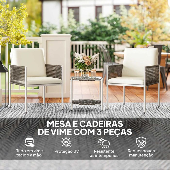 Conjunto de Jardim 2 Cadeiras e Mesa de Vime c/ Almofadas