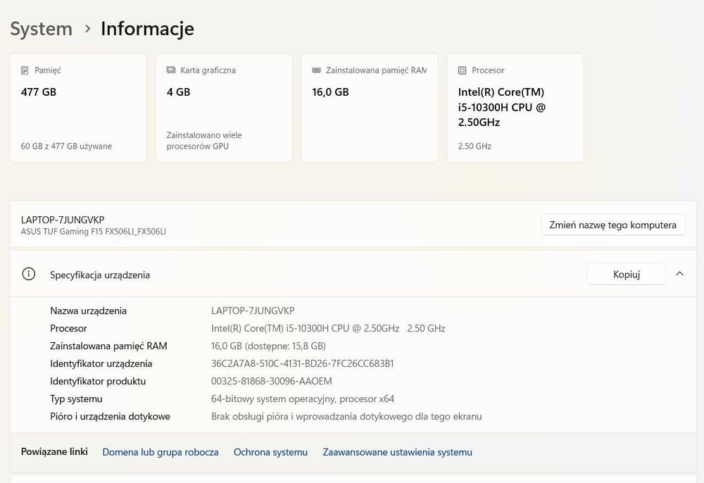 Laptop ASUS TUF Gaming F15 – i5-10300H/16GB/512SSD/GTX1650Ti