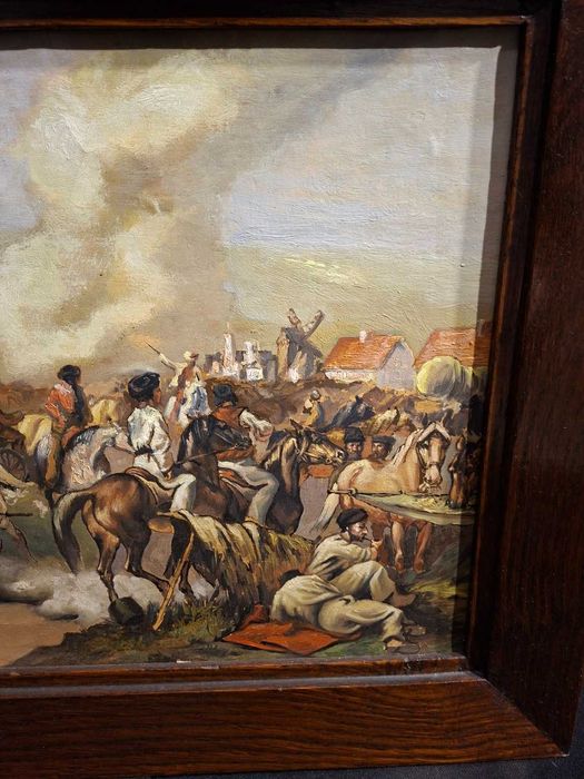 Obraz olejny na płótnie – jarmark koński, konie – drewniana rama 65×43 cm