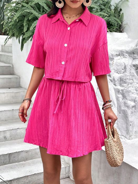 Komplet Letni Boho Marszczony Koszula Krótka + Spódniczka Shein L 40