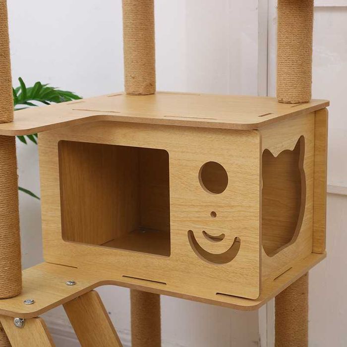 Когтеточка-Домик для кошек, деревянная с сизалевым шаром, 48х40х138см