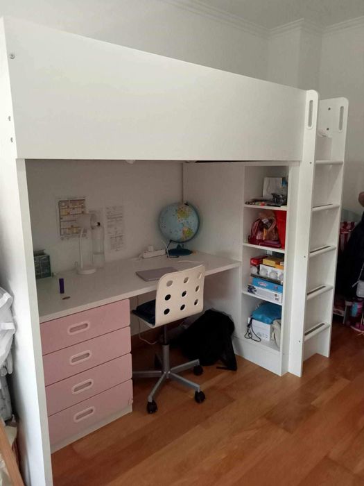 Smastad cama alta 90x200 rosa/branco