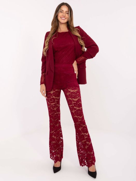 Bordowe koronkowe spodnie ITALY MODA z wysokim stanem – eleganckie