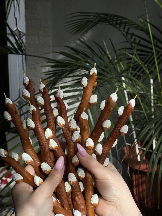 Свічка верба, гілочка верби, натуральна свічка, великодній декор