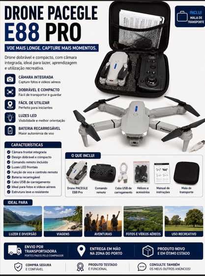 Drone Pacegle E88 Pro com câmara, comando e mala de transporte
