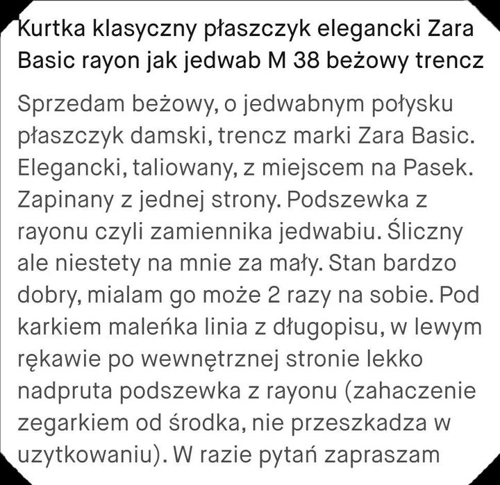 Zara trencz płaszczyk rayon jak jedwab elegancki beżowy 38 M