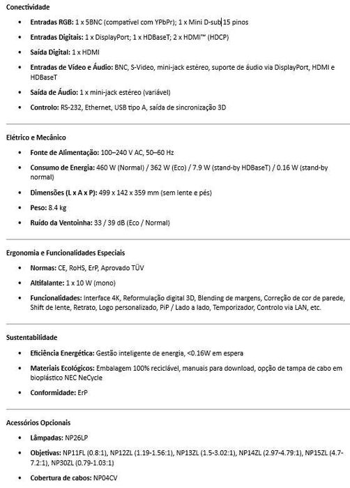 Projetor profissional Full HD nativo (compatível com 3D) NEC PA622UG