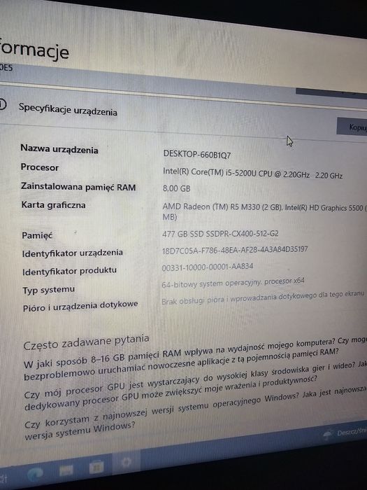 Laptop Lenovo dysk 500 G SSD.