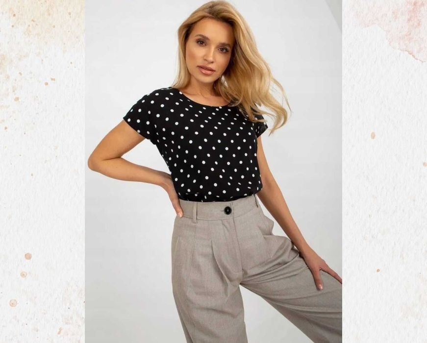 -> Czarna Bluzka w białe kropki / Boho / Rozmiar: M