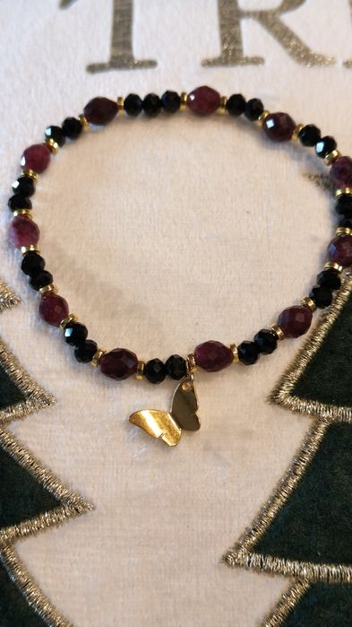 Bransoletka z naturalnych kamieni Granat, Kwarc czarny