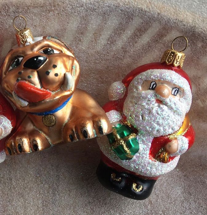 Скляні новорічні іграшки Дід Мороз, собачка ручна робота