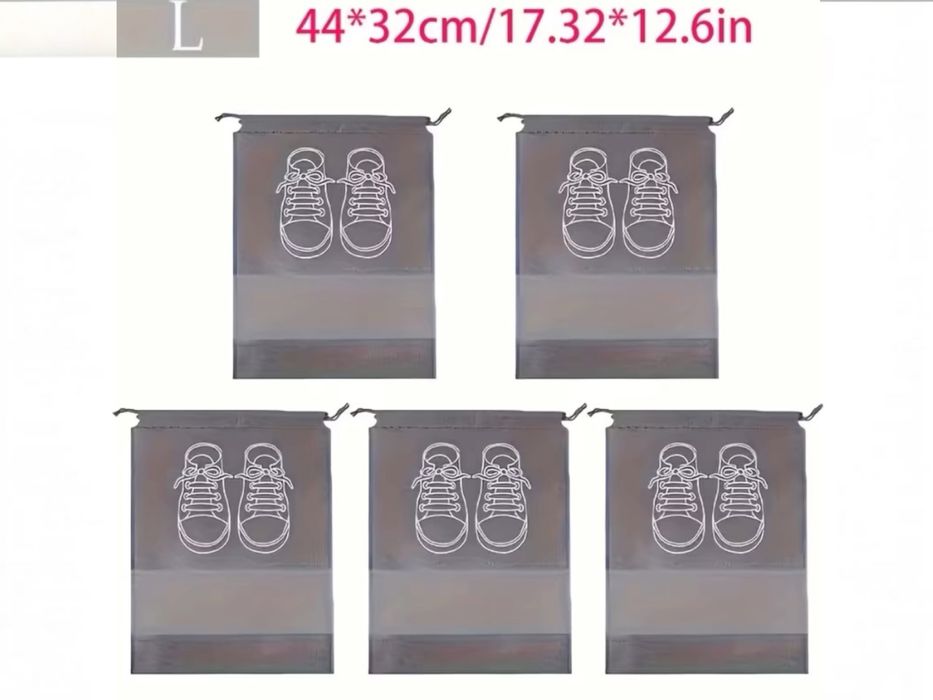 5x Worek na buty – 44x32 cm – Organizer, Pokrowiec podróżny – Szary