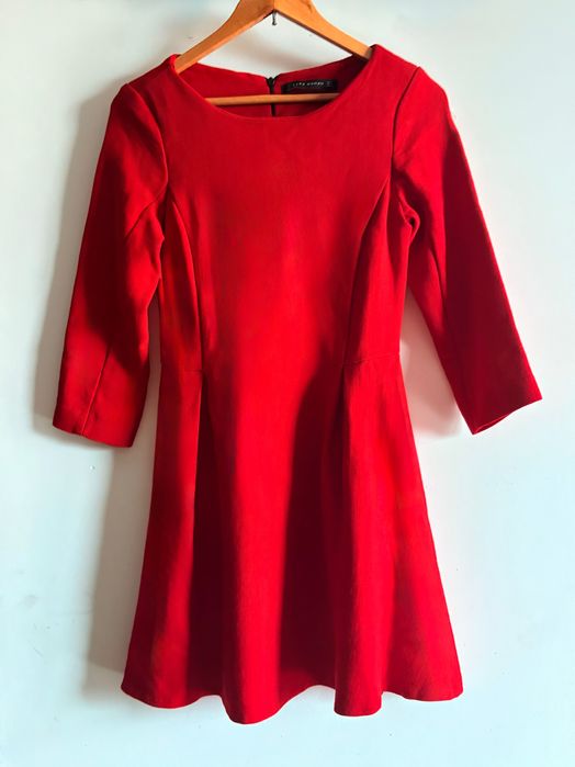 Zara wiskoza wełniana wełna sukienka basic mini czerwona old money