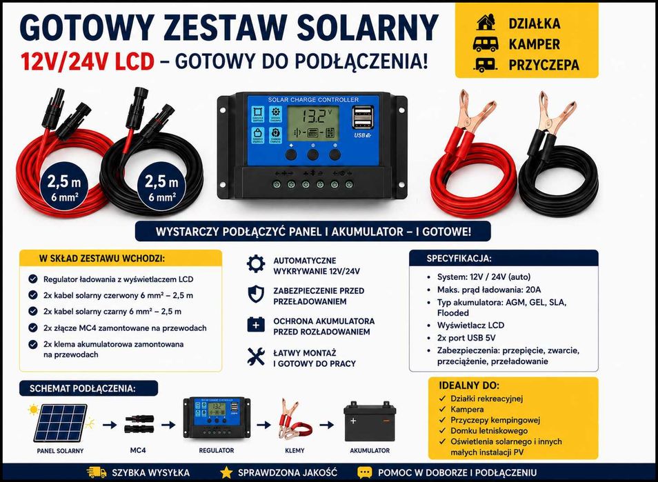 Zestaw Solarny 12V/24V do działki altany domku letniskowego + 10m kabla