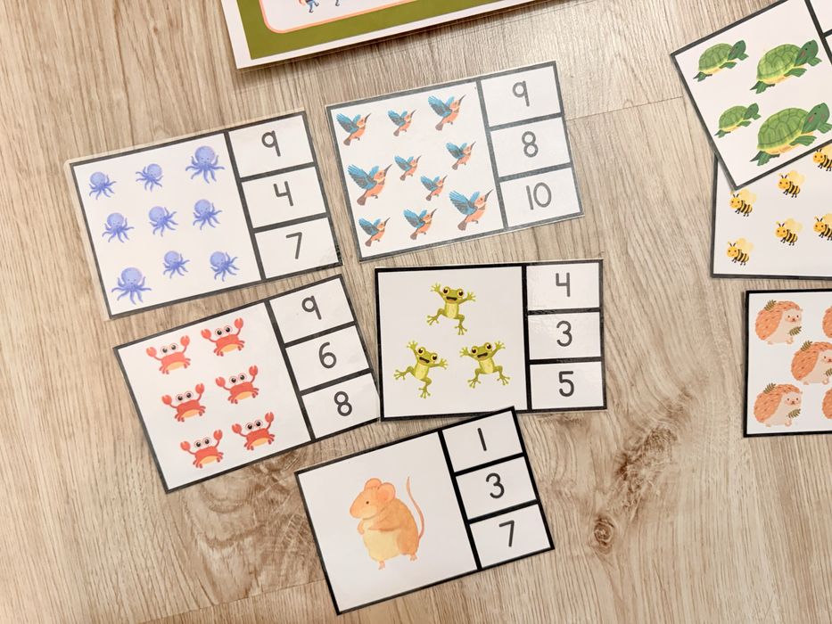 Fiszki Karty edukacyjne Montessori - Zwierzeta (nauka liczenia)