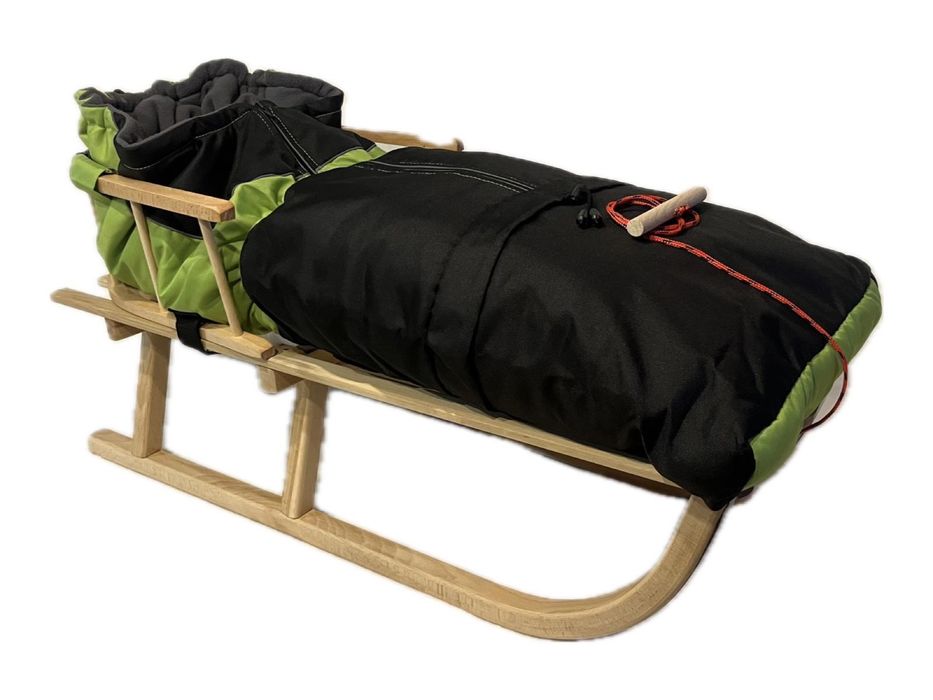 Nowe sanki drewniane z oparciem i ze śpiworkiem