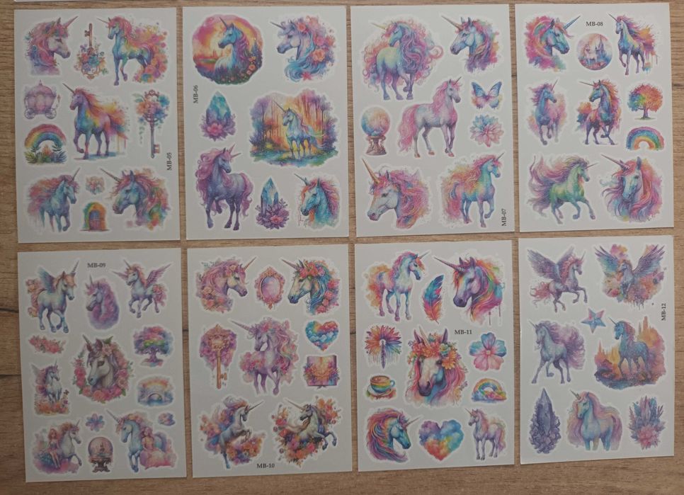 Zestaw XXL! 12 arkuszy 114 wzorów! tatuaże brokatowe JEDNOROŻCE