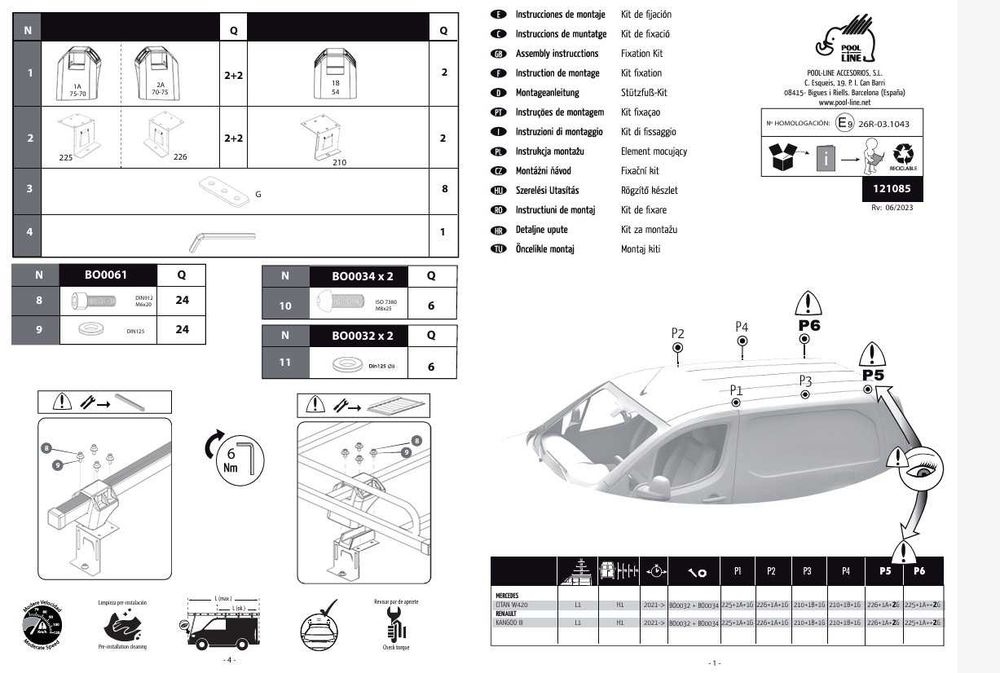Kit de Barras tejadilho triplo Pool Line 122203 + Kit fixação 121085