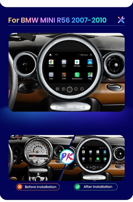 Rádio Android Mini R56 R60 8CORE 4/32GB Carplay 4G GPS controlo voz