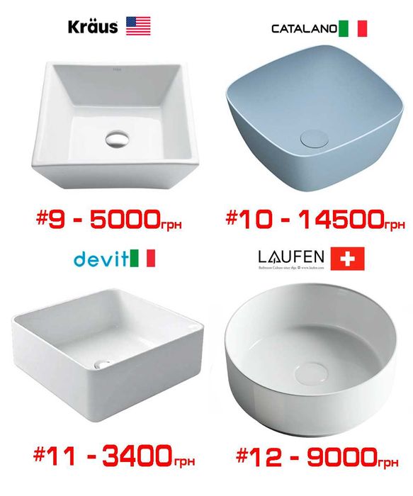 Раковини на стільницю, меблеві преміум Vileroy, Catalano, Roca, Ravak