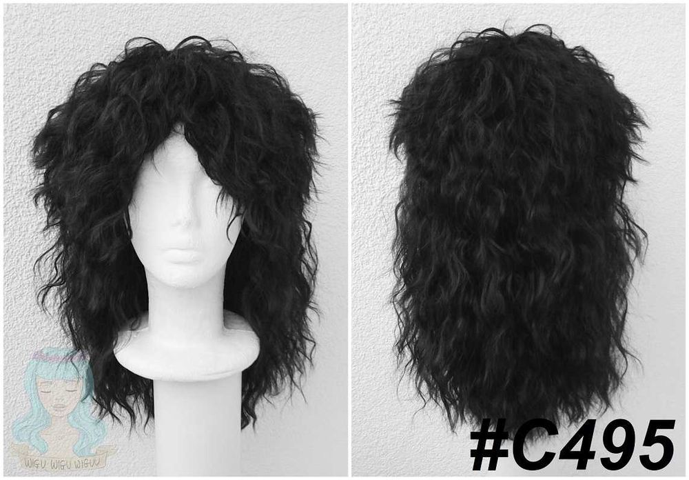Rockman Gwiazda rocka lata 80 falowana czarna peruka wig cosplay