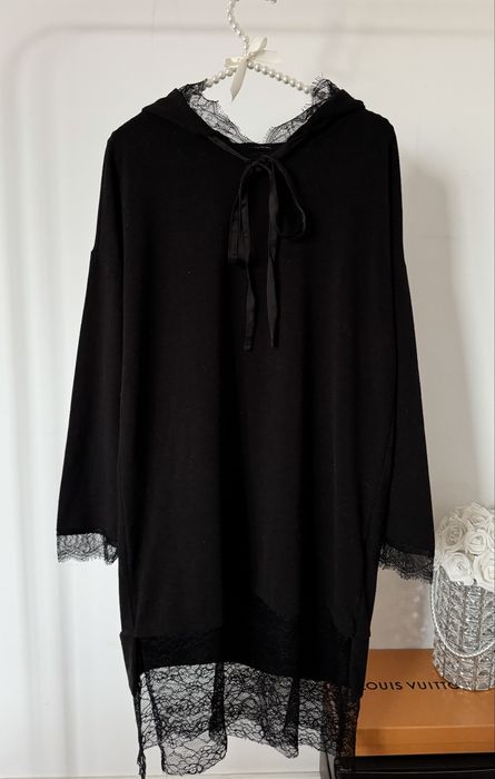 ZARA długa bluza z koronką S czarna kaptur