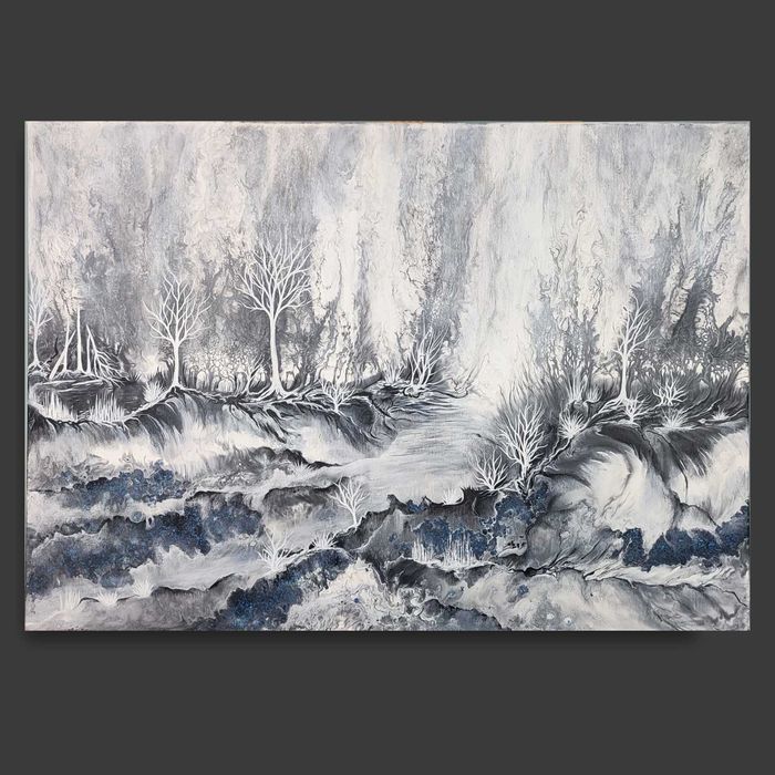 Monochromatyczny krajobraz na płótnie 50x70 Ręcznie malowany pejzaż zimowy, akryl