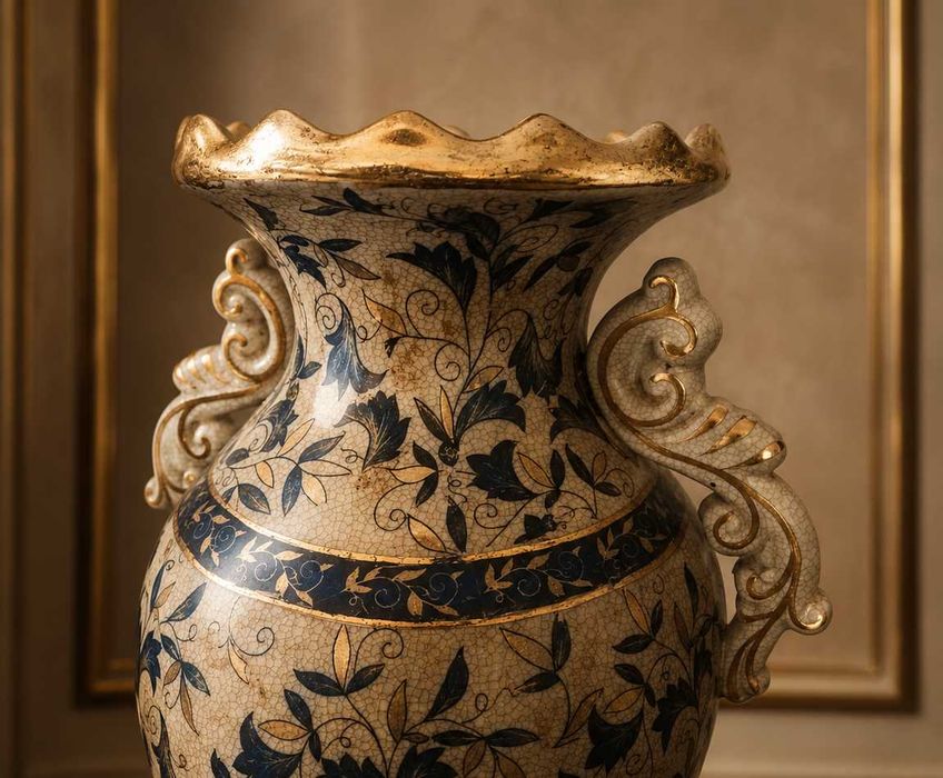 Antiga Jarra/ânfora em porcelana azul prússia e dourado