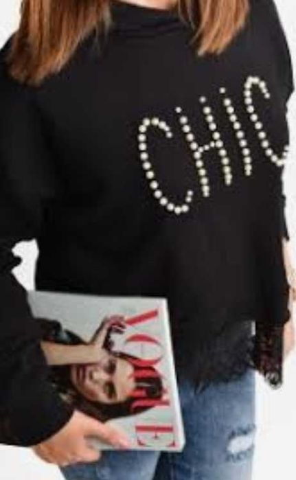 Bluza chic perełki koronka czarna