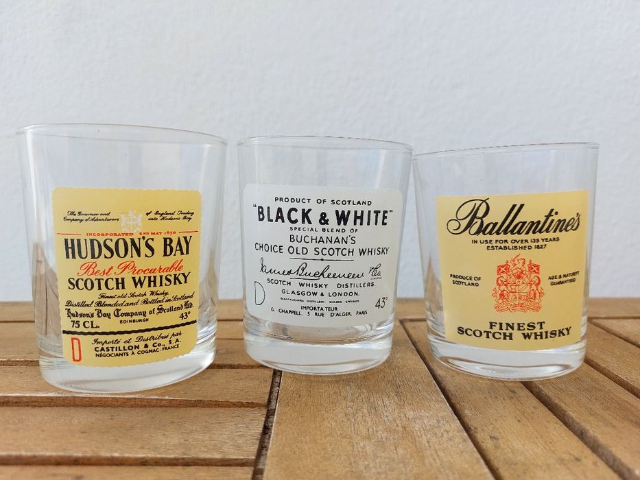 Conjunto 3 Copos de Uísque Vintage Coleção (Hudson's Bay, Black & White, Ballantine's)