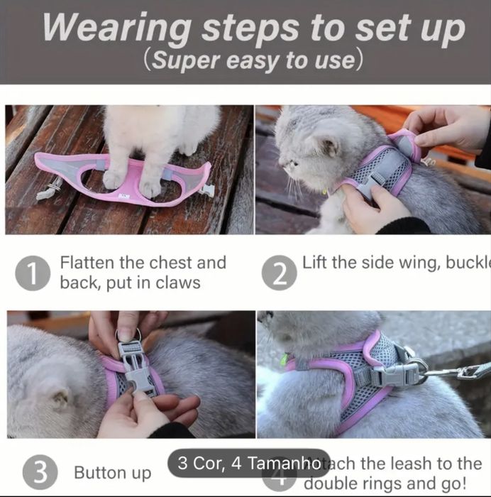 Conjunto de arnês e trela ajustavel para gato