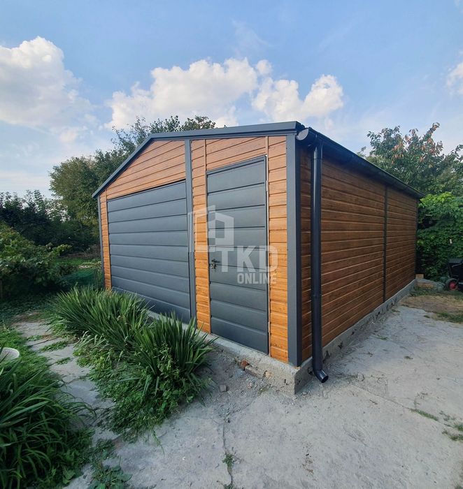 Garaż Blaszany 4,5X5 Brama Drzwi Okno Antracyt Jasny Orzech Tkd85