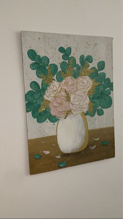 Quadro vaso de flores e folhas