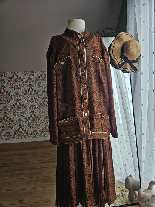 Vintage komplet damski retro spódnica i koszula brązowy XL