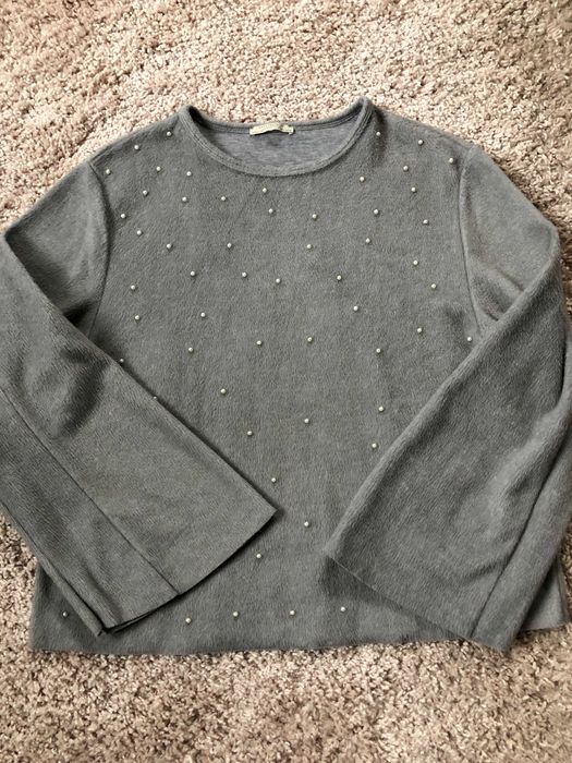 Sweter Zara perełki szary pluszowy zimowy świąteczny vintage retro