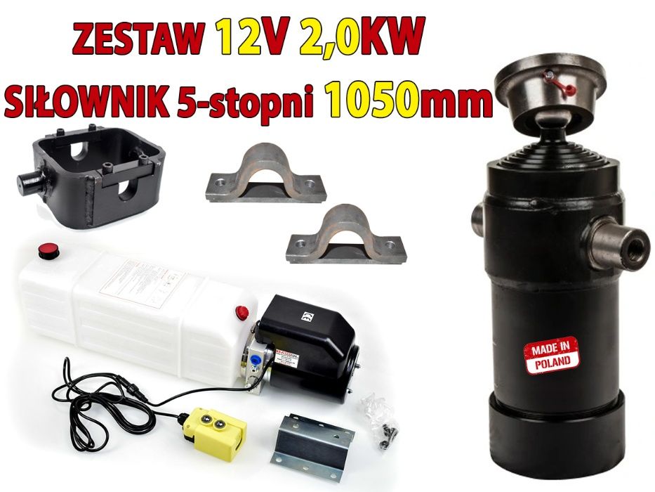 Zestaw wywrotki, agregat 12V + siłownik 1050mm + mocowania + kołyska